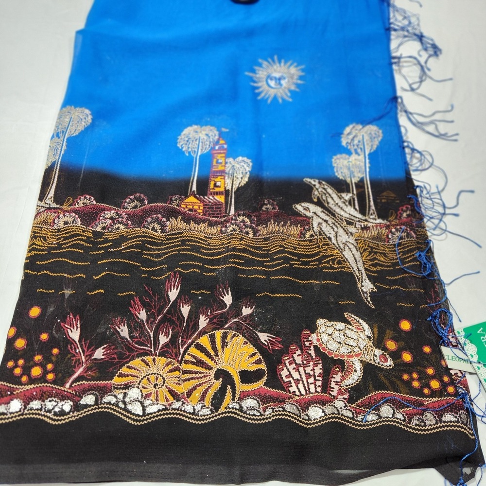 Bahamian Sarong Womens One Size Blue Palm Tree /‎ DolphinsWrap Fringed Cover Up